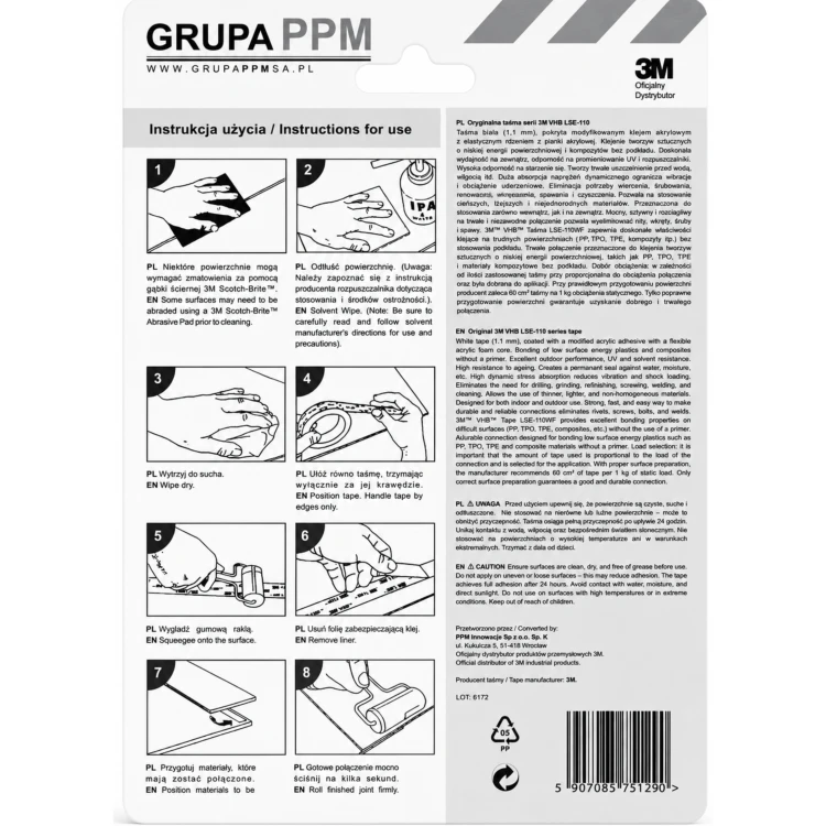 taśma 3M LSE 110 do bardzo trudnych powierzchni. Taśma do trudnych plastików PE, PTFE