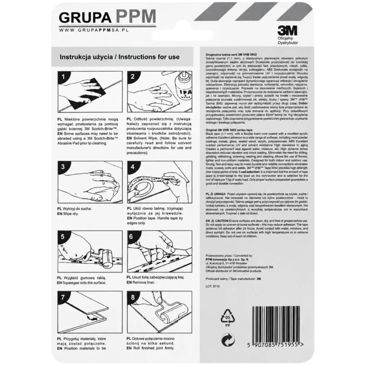 3M 5952 VHB najmocniejsza taśma akrylowa. Taśma dwustronna montazowa