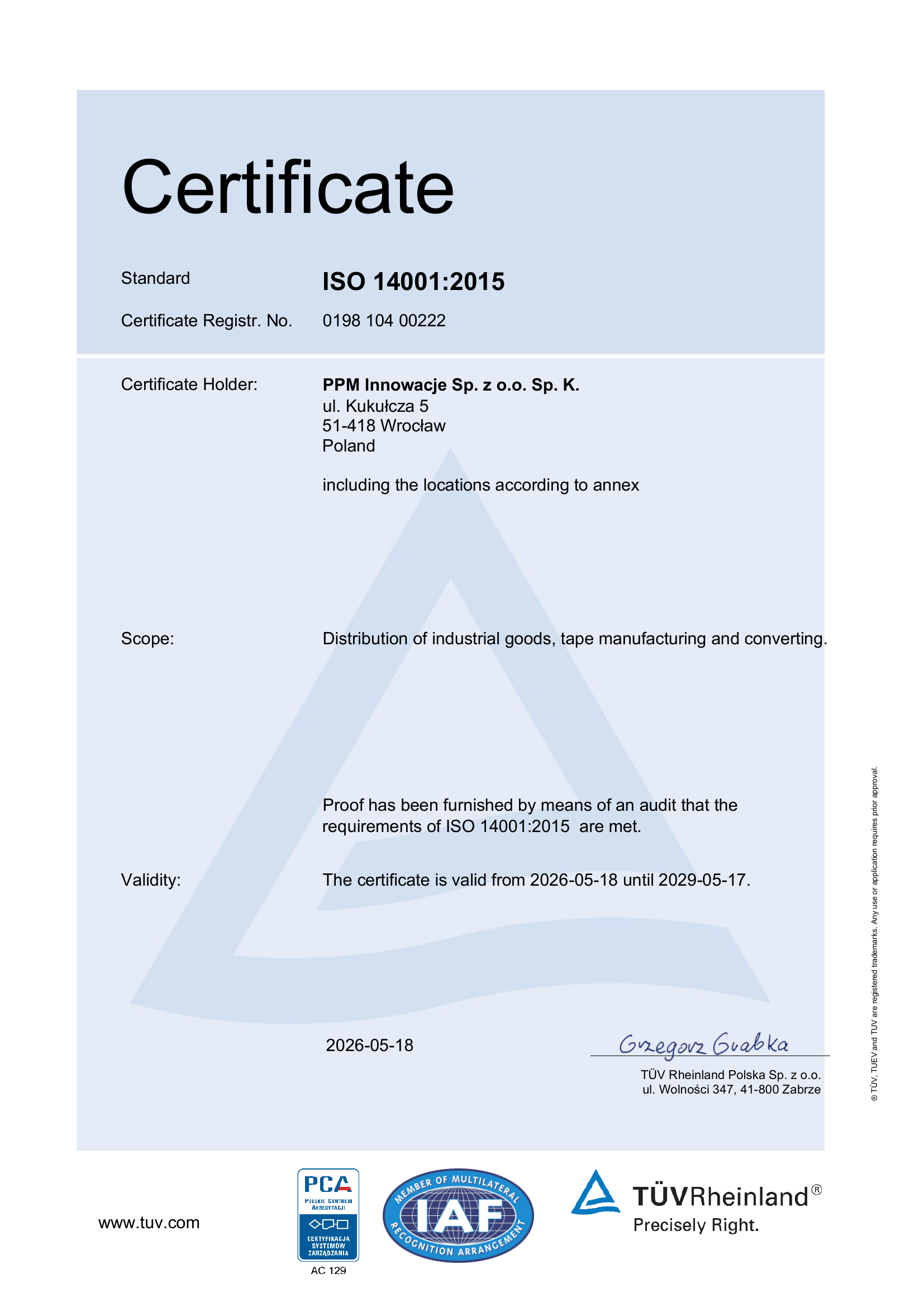 Certyfikat ISO 14001 EN