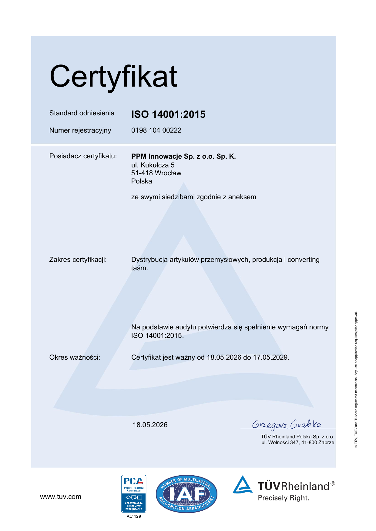 Certyfikat ISO 14001 PL